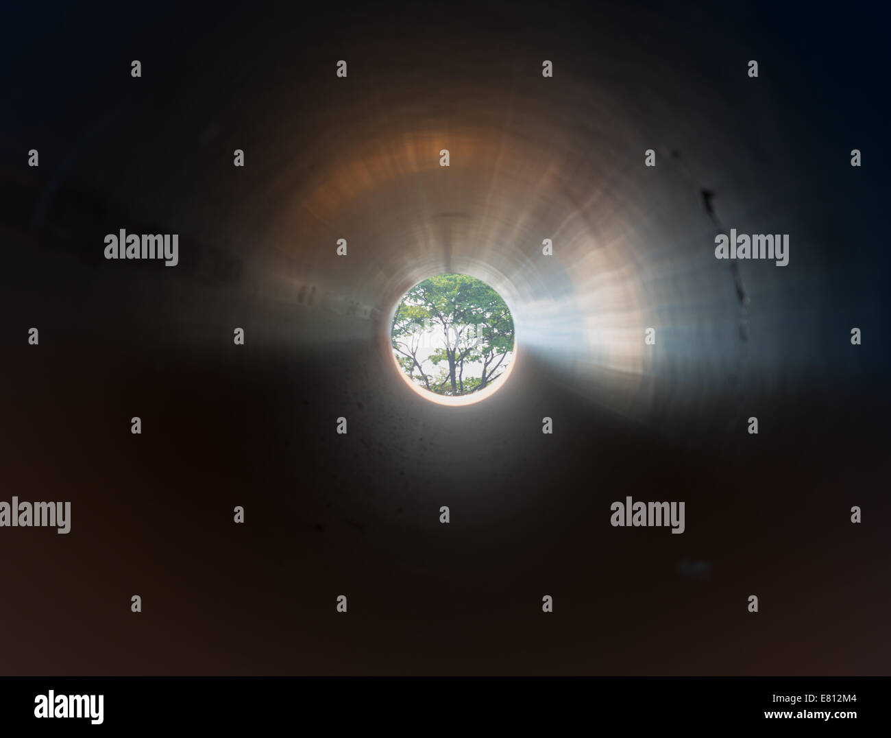 Seeing the 'light at the end of the tunnel' whilst looking at a beautiful tree through a large diameter pipe. Stock Photo