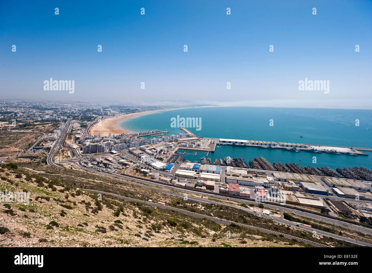 Horizontal aerial view across the bay of Agadir in Morocco. Stock Photo