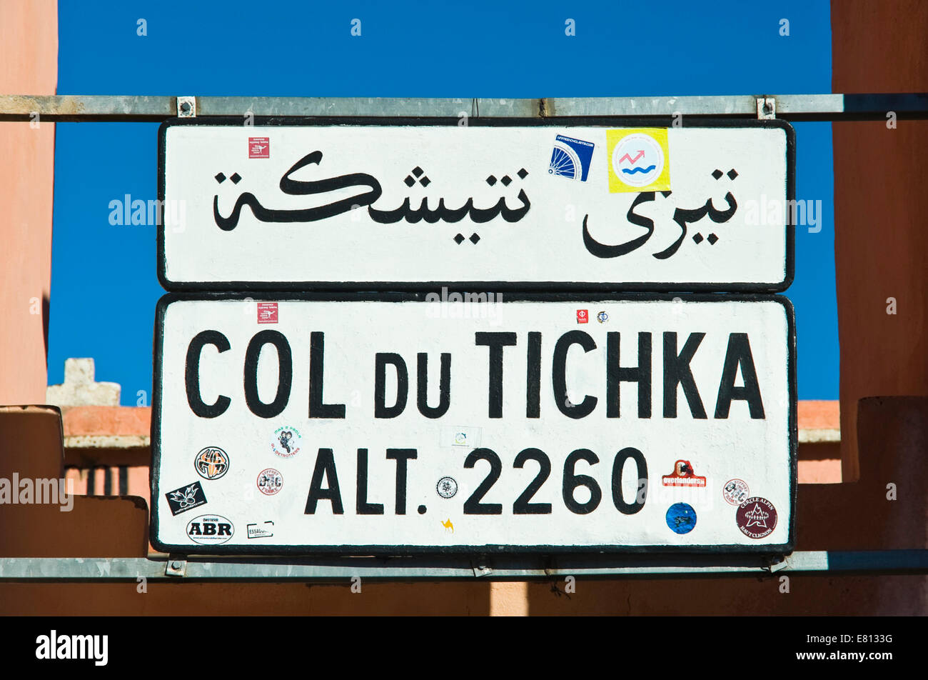 Horizontal close up of the sign marking the highest point of the Tichka pass in the High Atlas Mountain range in Morocco. Stock Photo