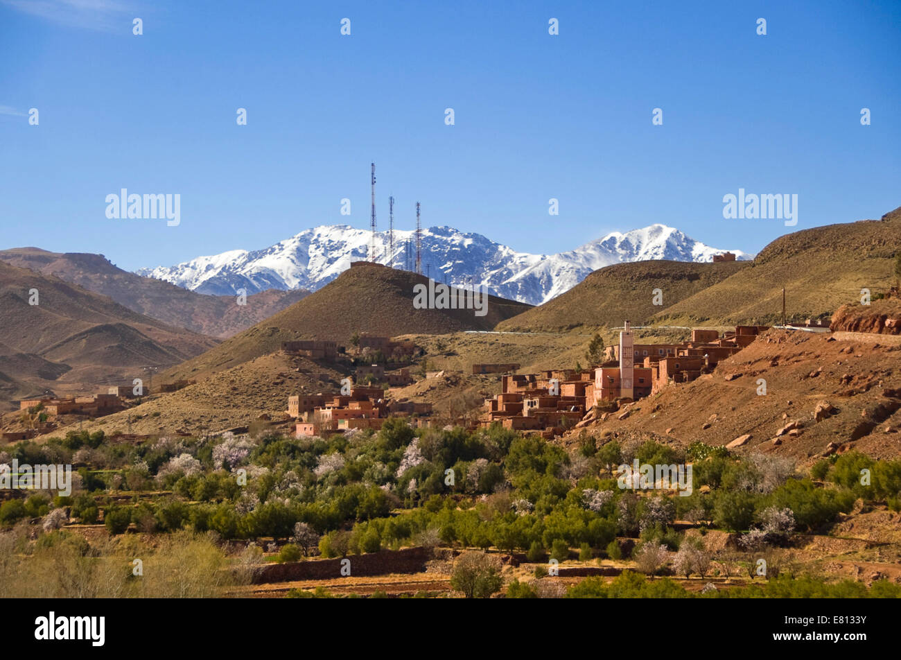 Horizontal view of a small Berber village in the High Atlas Mountain range in Morocco. Stock Photo