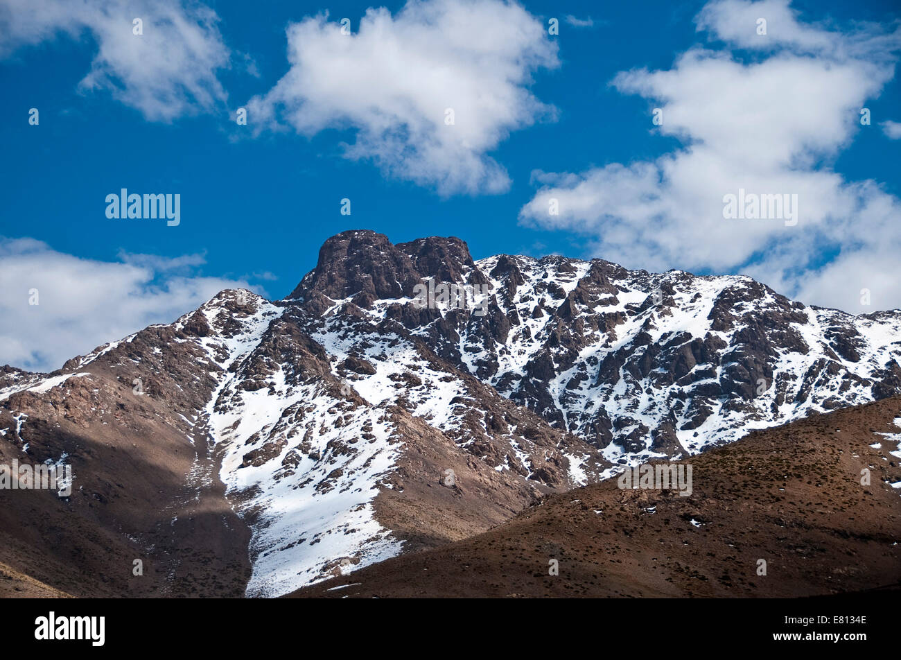 Horizontal view of Jebel Toubkal summit in the High Atlas Mountain range in Morocco. Stock Photo