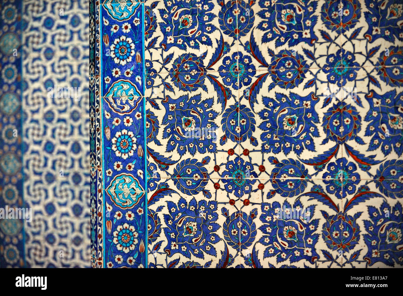 Iznik blue tile decoration in the covered porch of Rustem Pasa in Istanbul Stock Photo