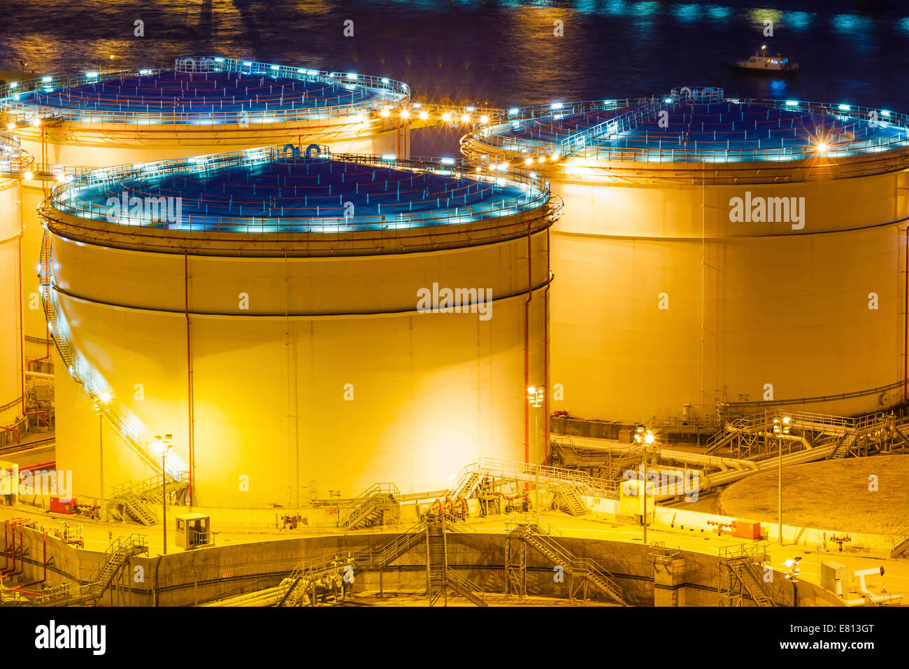 Oil tanks at night in Hong Kong Stock Photo Alamy