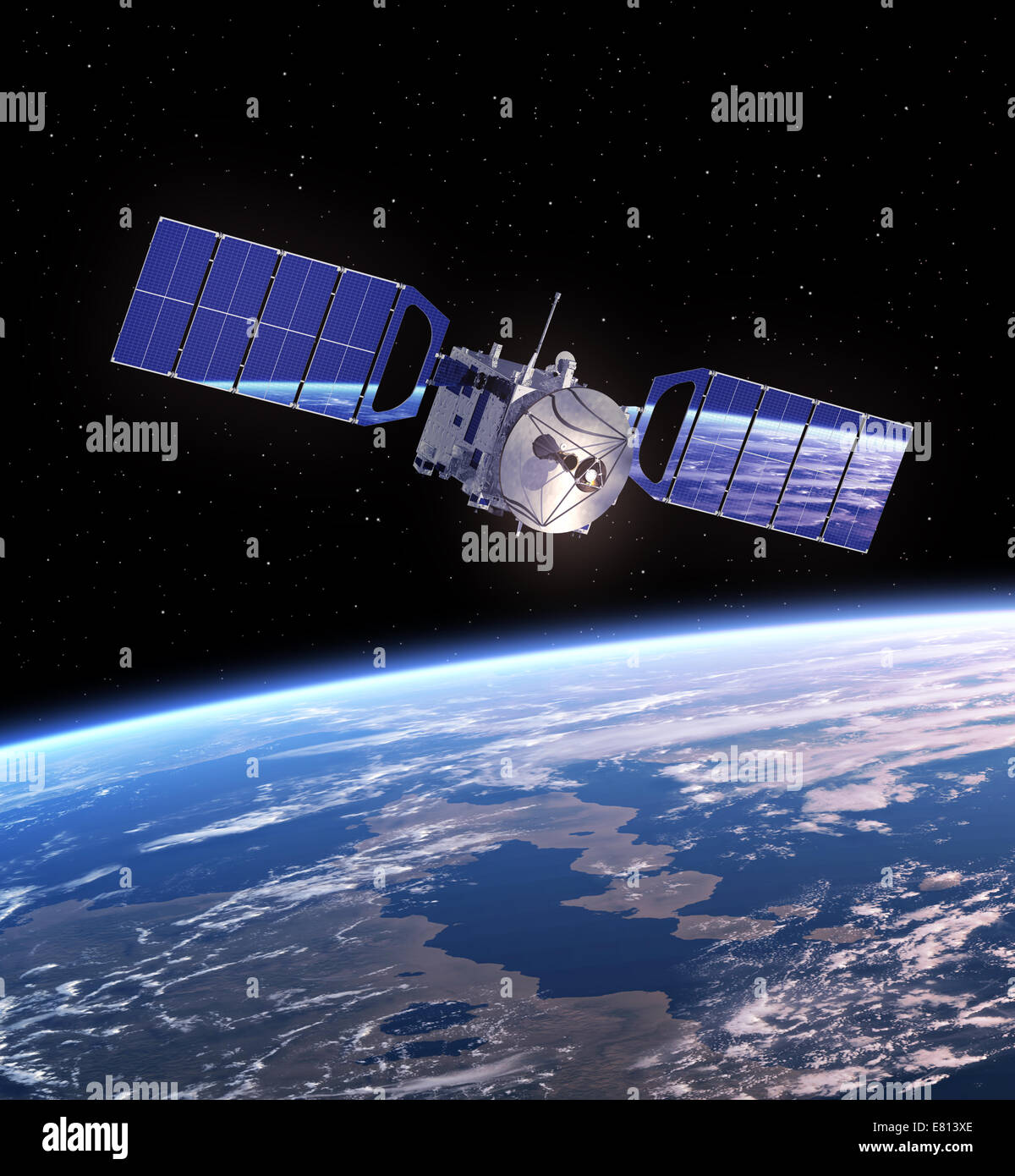 Space Satellite In Space. Realistic 3D Scene. Stock Photo