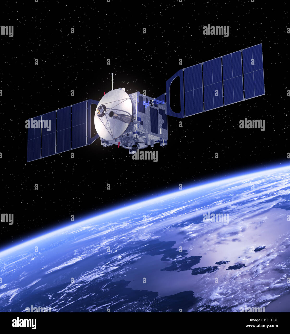 Space Satellite Orbiting Earth. Realistic 3D Scene. Stock Photo