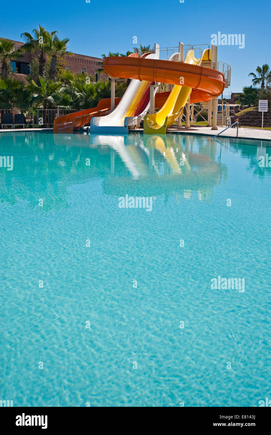 Vertical view of an empty swimming pool at a plush hotel. Stock Photo