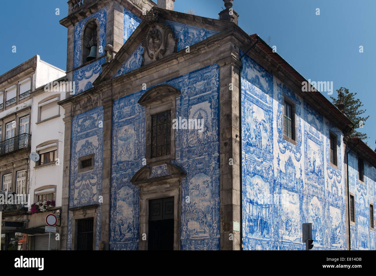 Hand painted decorative tiles, azulejos, covering the 18th century Capela das Almas, Oporto, Portugal Stock Photo