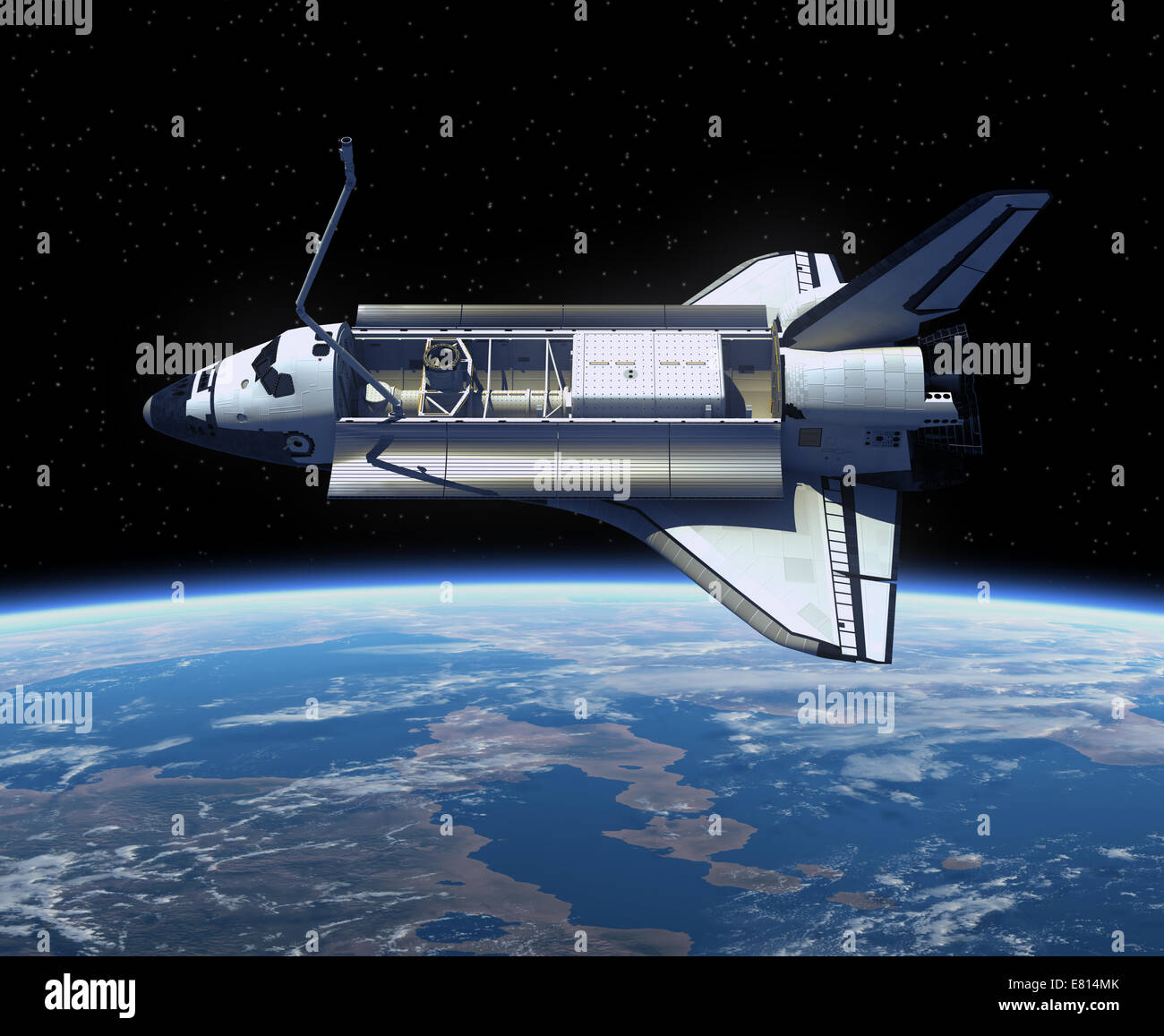 Space Shuttle Orbiting Earth. Realistic 3D Scene. Stock Photo