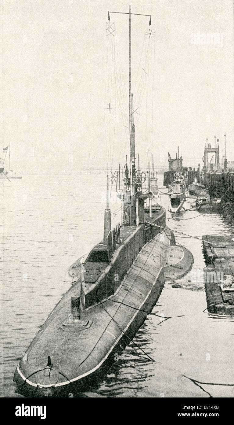 A British submarine, during World War One, showing the wireless apparatus.  From The History of the Great War, published c. 1919 Stock Photo