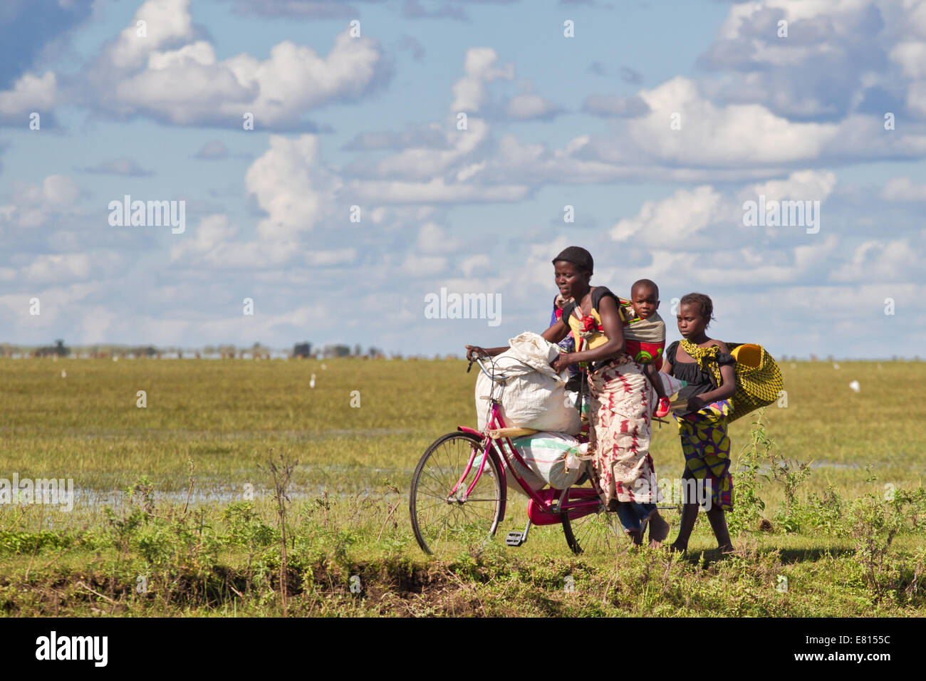 A family pushes a heavily loaded bicycle full of supplies en route to the fishing villages of Bangweulu Wetlands Stock Photo