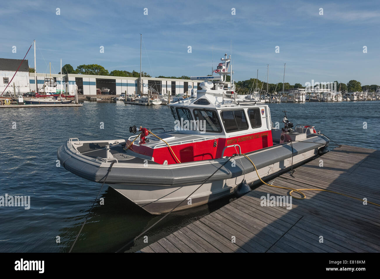 The North Kingstown Fire Rescue Boat moored at the Wickford Rhode Island Marina USA Stock Photo