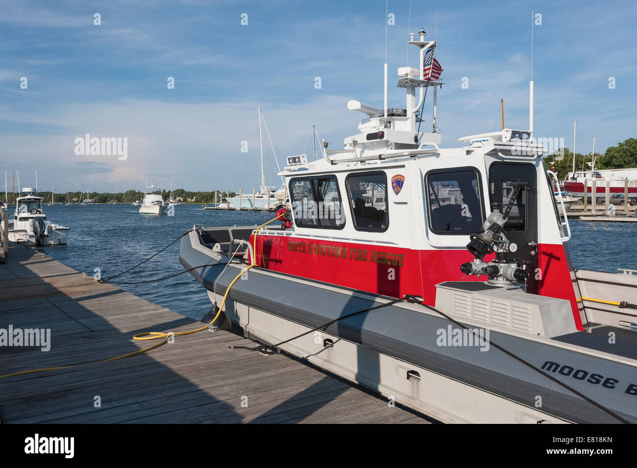 The North Kingstown Fire Rescue Boat moored at the Wickford Rhode Island Marina USA Stock Photo