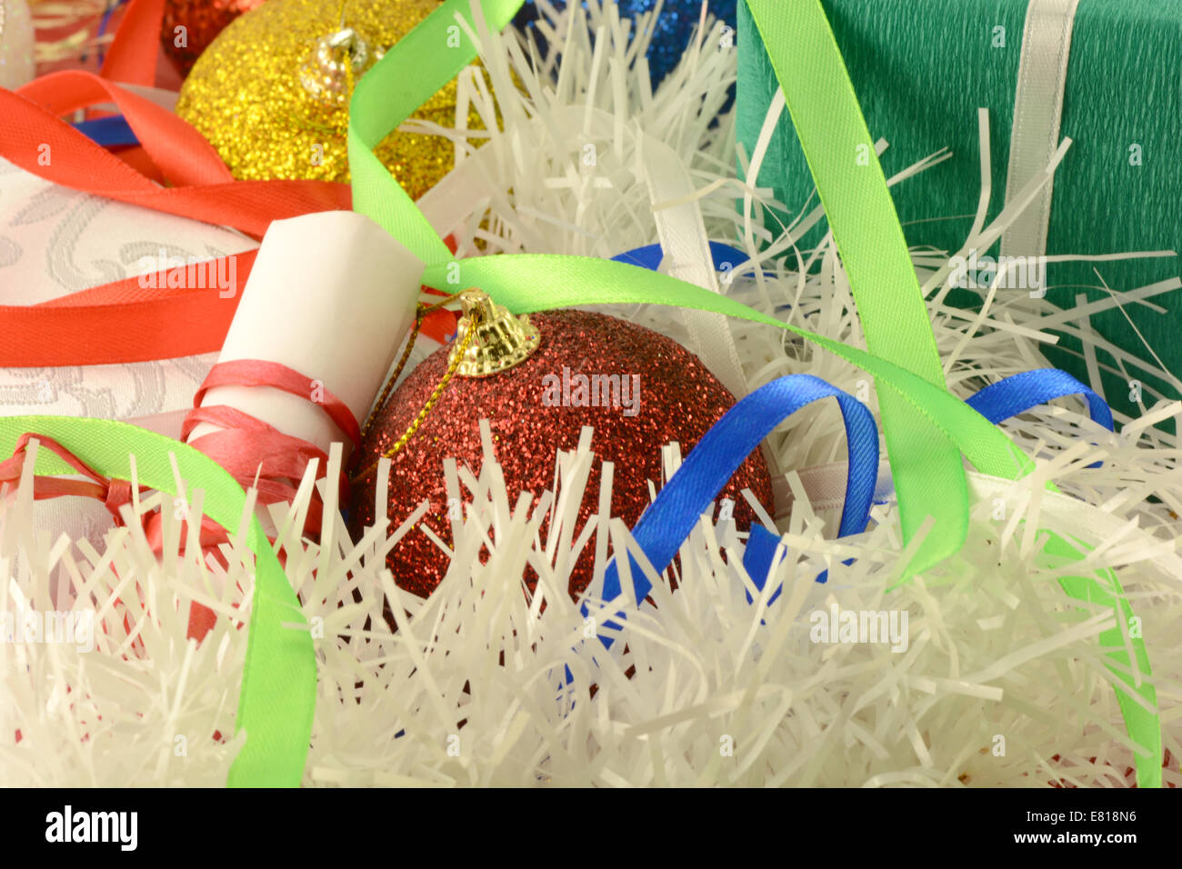 Christmas background with red and blue ribbon and new year balls Stock