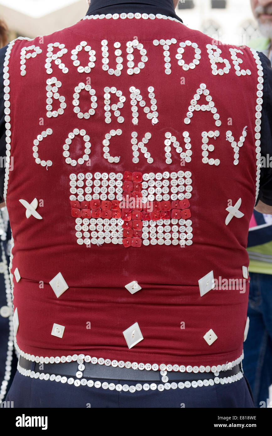 'Proud to be Born a cockney' pearly king waistcoat Stock Photo