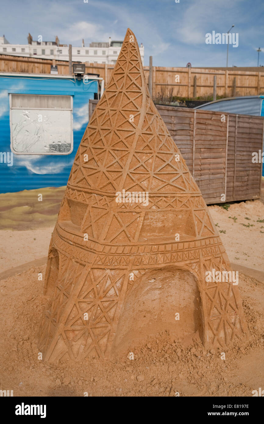The Eiffel Tower in France on display at the Sand Sculpture festival in Brighton Stock Photo