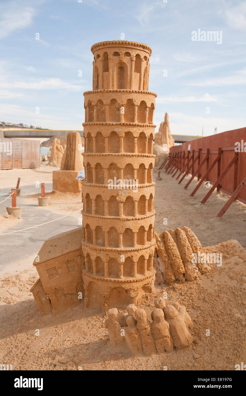 The leaning tower of Pisa on display at the Sand Sculpture festival in Brighton Stock Photo