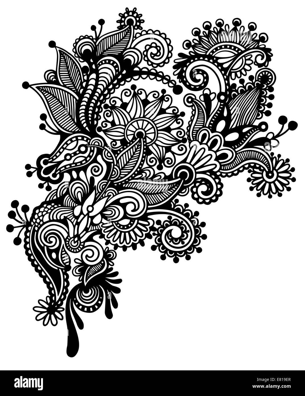 Hand draw black and white line art ornate flower design Stock Photo - Alamy