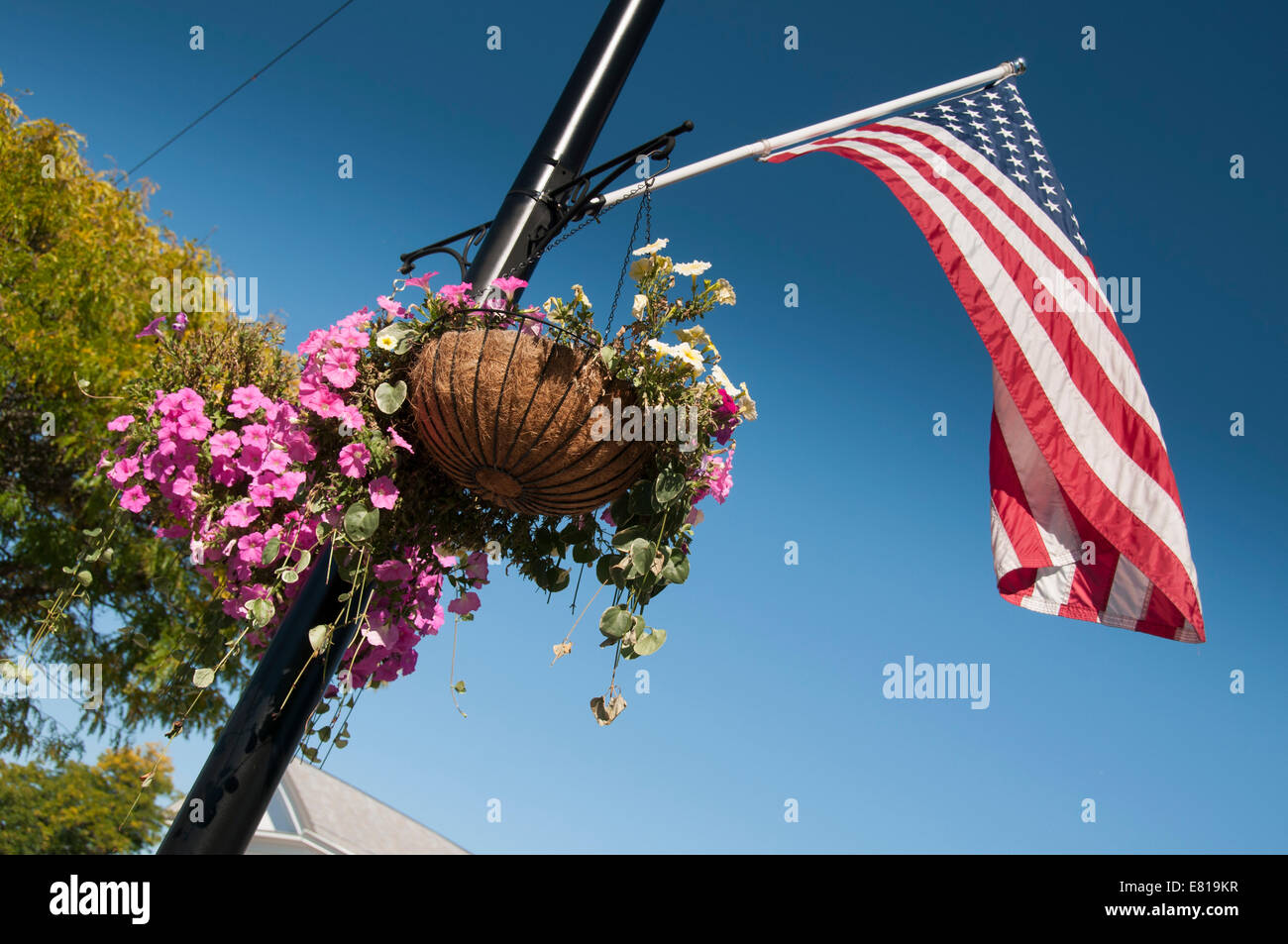 American flag and flower basket. Stock Photo