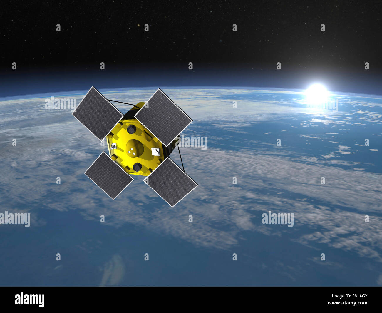 ACRIMSAT satellite orbiting Earth and rising Sun. Stock Photo