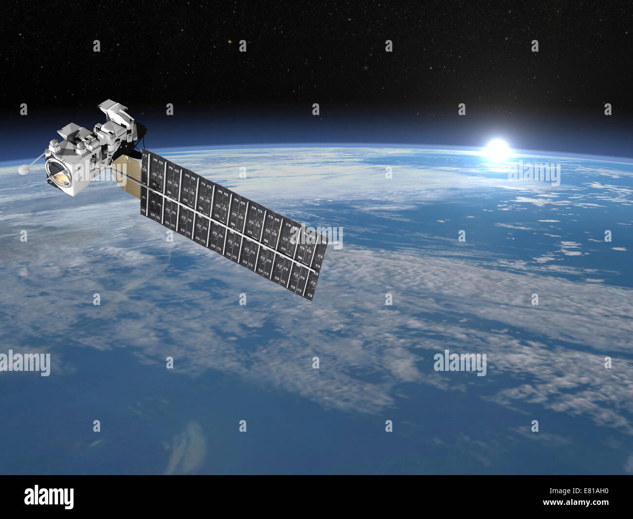 Aqua satellite orbiting Earth and rising Sun. Stock Photo