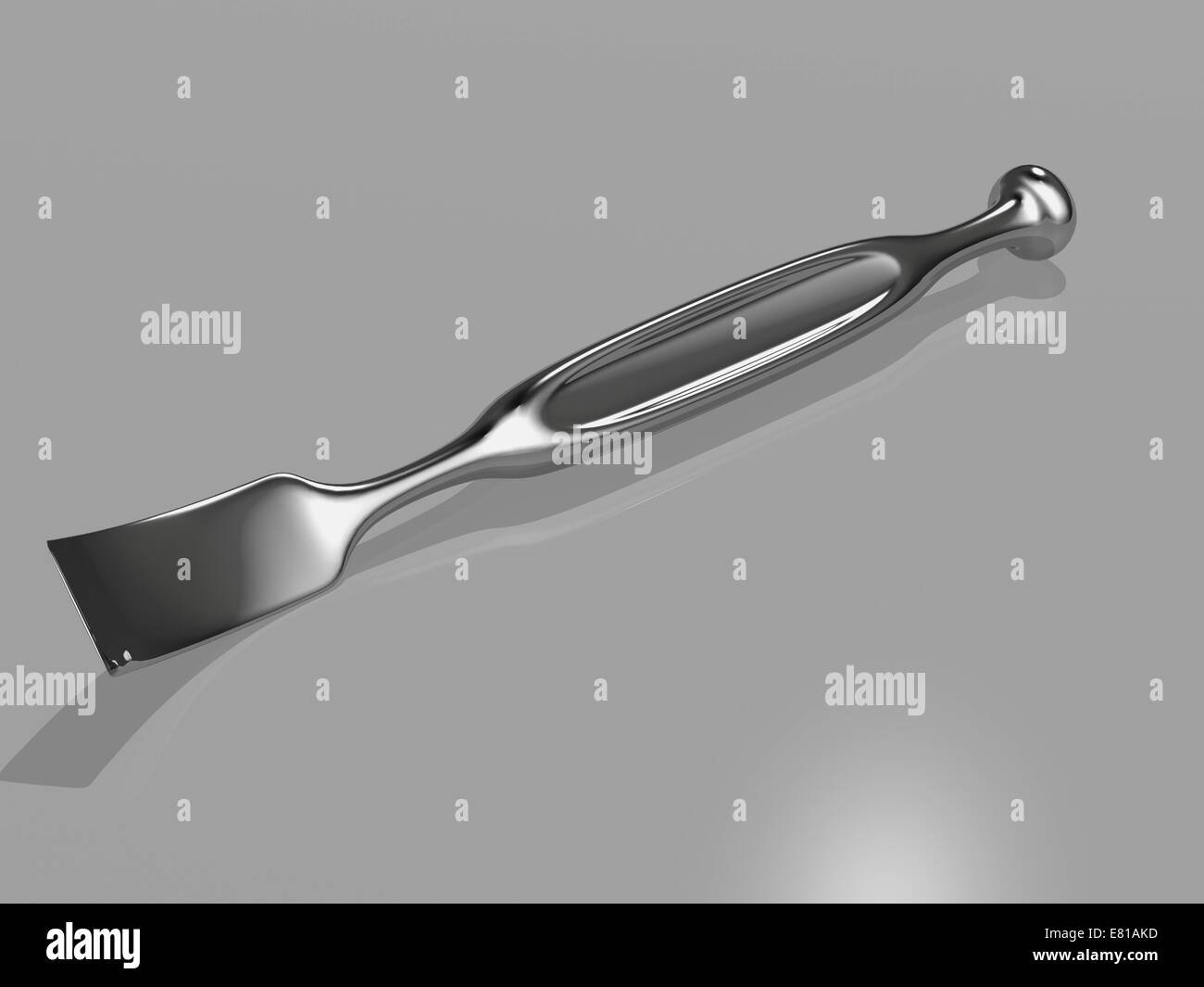 A metal chisel tool with a cutting edge at the end of a blade, used in dentistry. Stock Photo