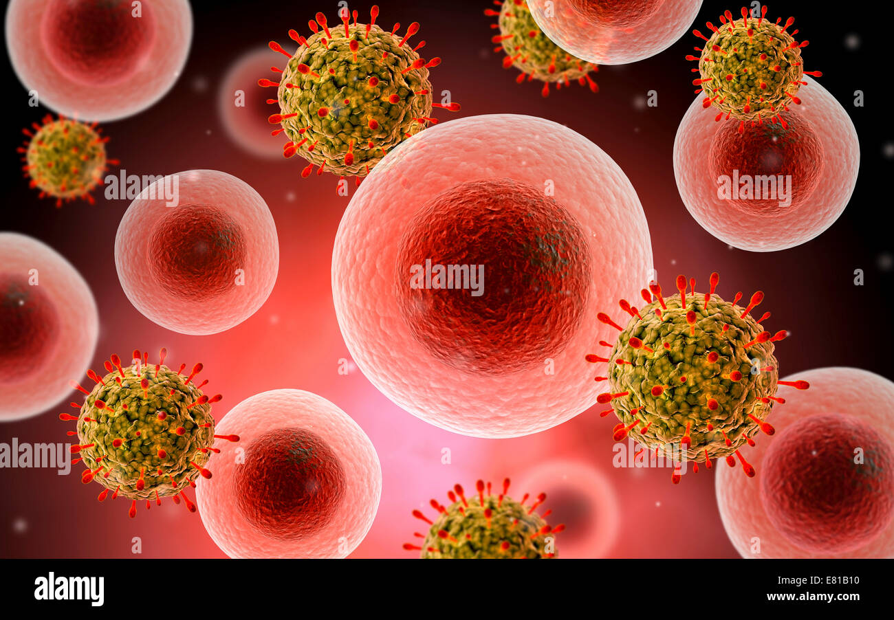 Microscopic view of cell and virus. Stock Photo