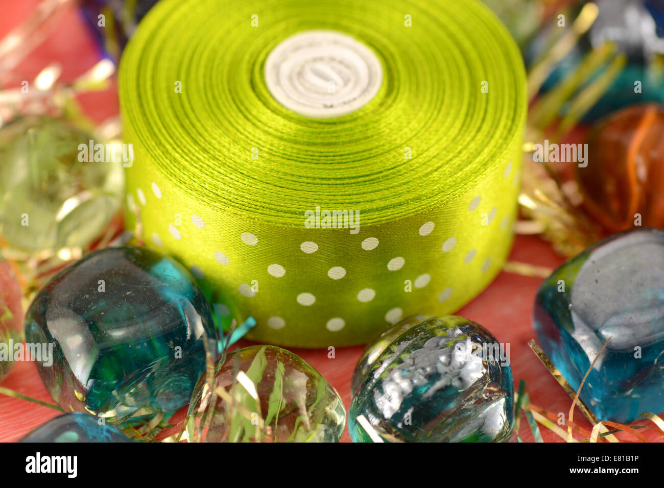 stones and green ribbon, new year invitation card Stock Photo