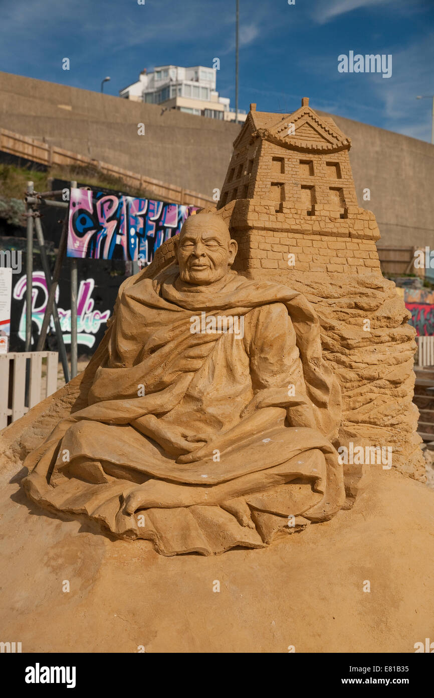 Tibetan Monk on display at the Sand Sculpture festival in Brighton Stock Photo