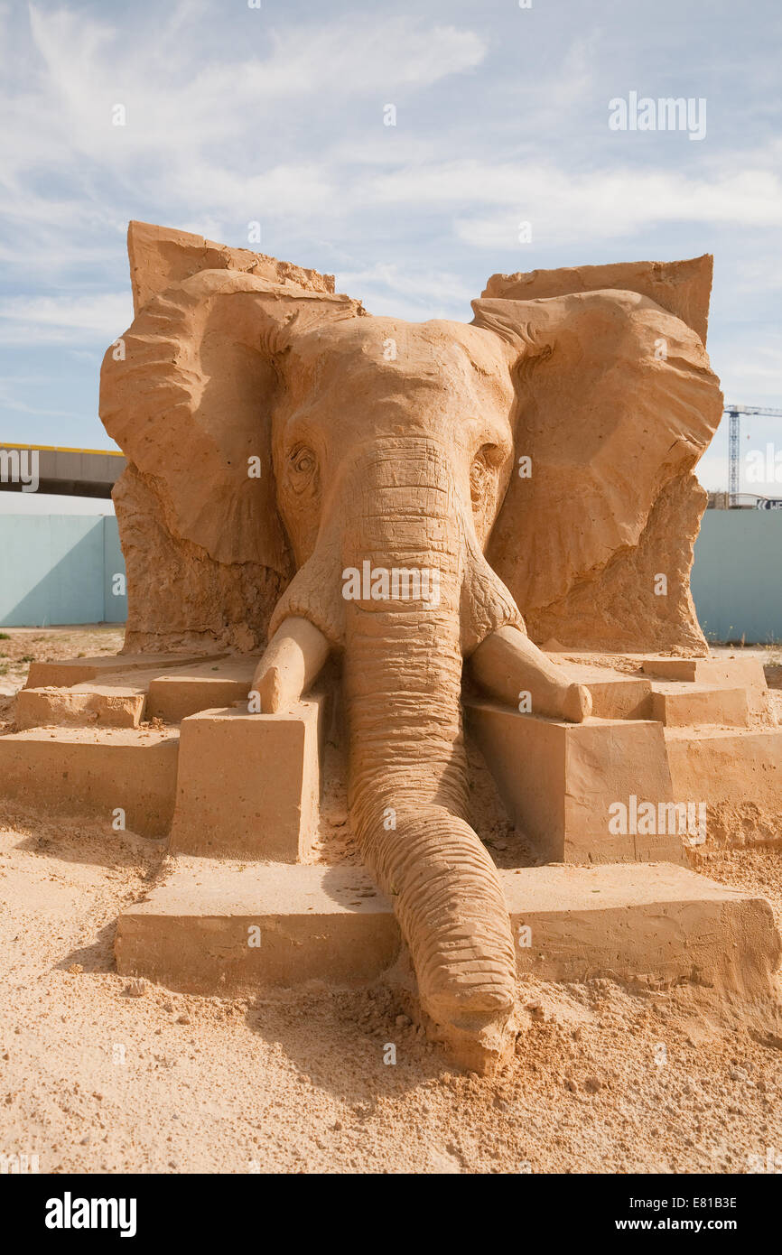 Elephant is one of the big five animals on display at the Sand Sculpture festival in Brighton Stock Photo