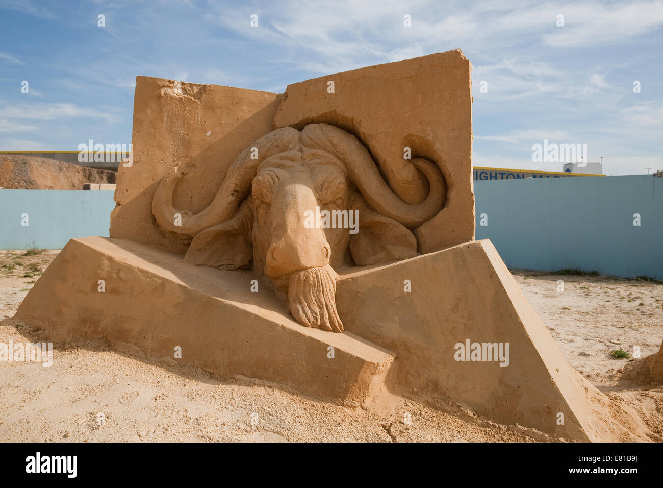 Buffalo is one of the big five animals on display at the Sand Sculpture festival in Brighton Stock Photo