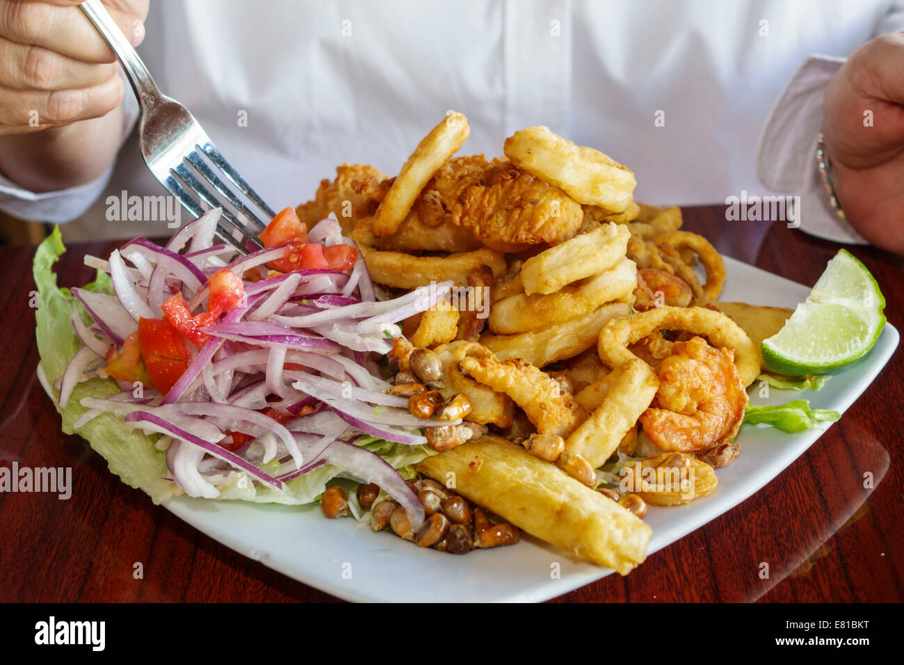 Miami Beach Florida,Chalan on the Beach,Peruvian,restaurant restaurants food dining cafe cafes,plate,dish,food,seafood,platter,fried,FL140305078 Stock Photo