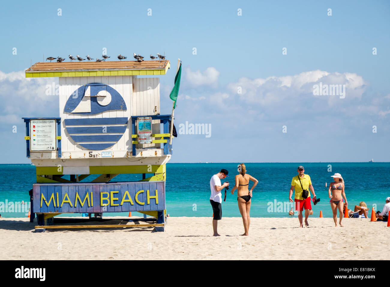 Miami Beach Florida,lifeguard station,Atlantic Ocean,sunbathers,FL140305080 Stock Photo