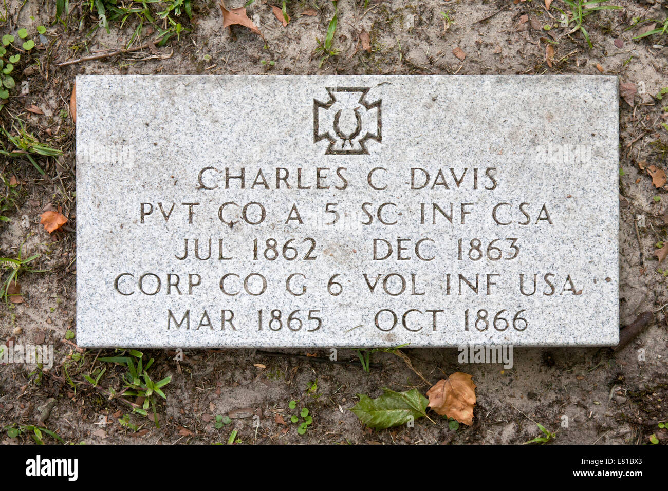 Grave marker of a soldier who served on both the Union and Confederate sides during the American  Civil War. Stock Photo