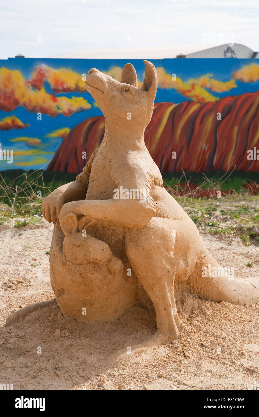 Kangaroo with a joey on display at the Sand Sculpture festival in Brighton Stock Photo