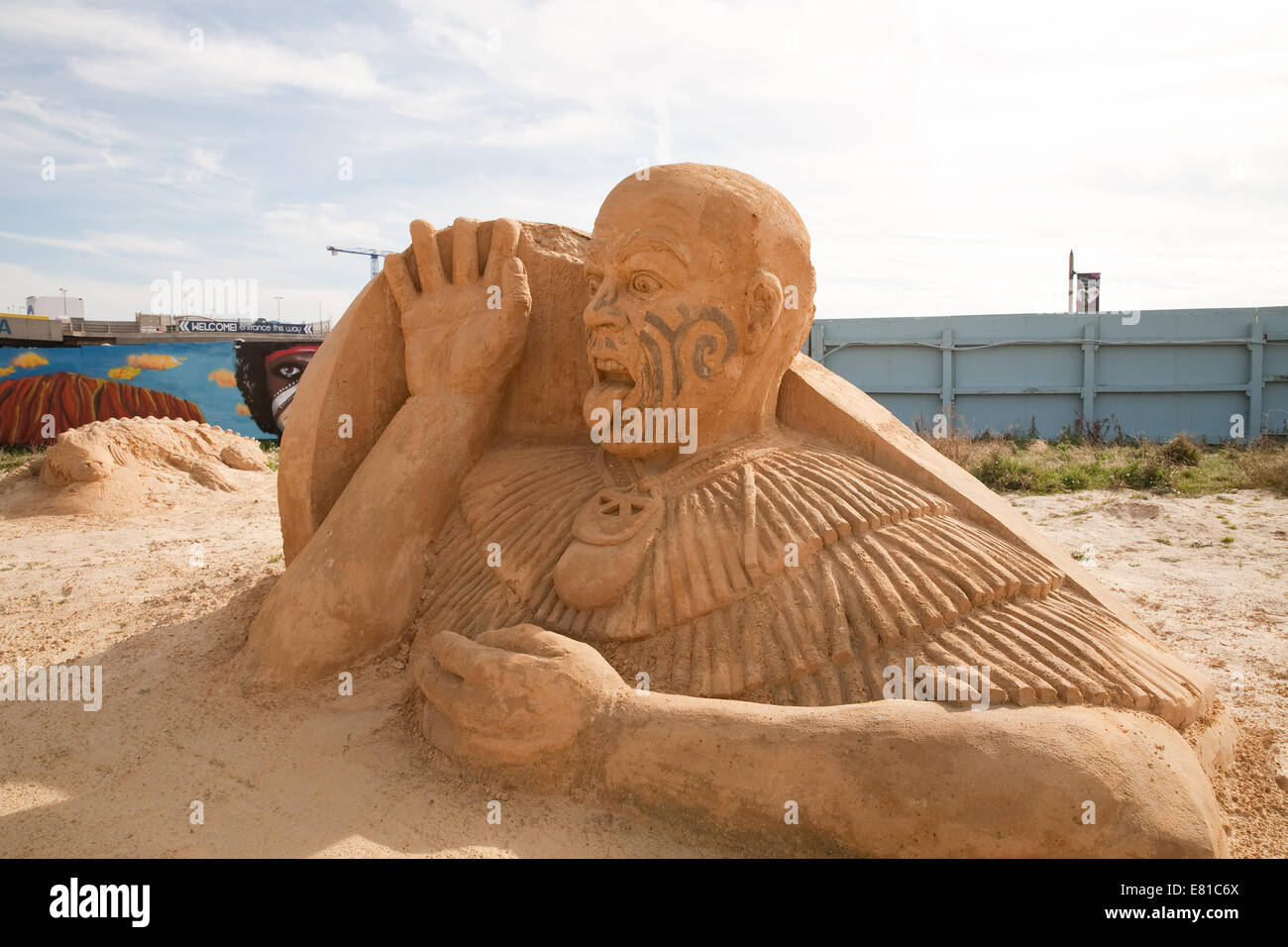 Maori Haka from New Zealand on display at the Sand Sculpture festival in Brighton Stock Photo