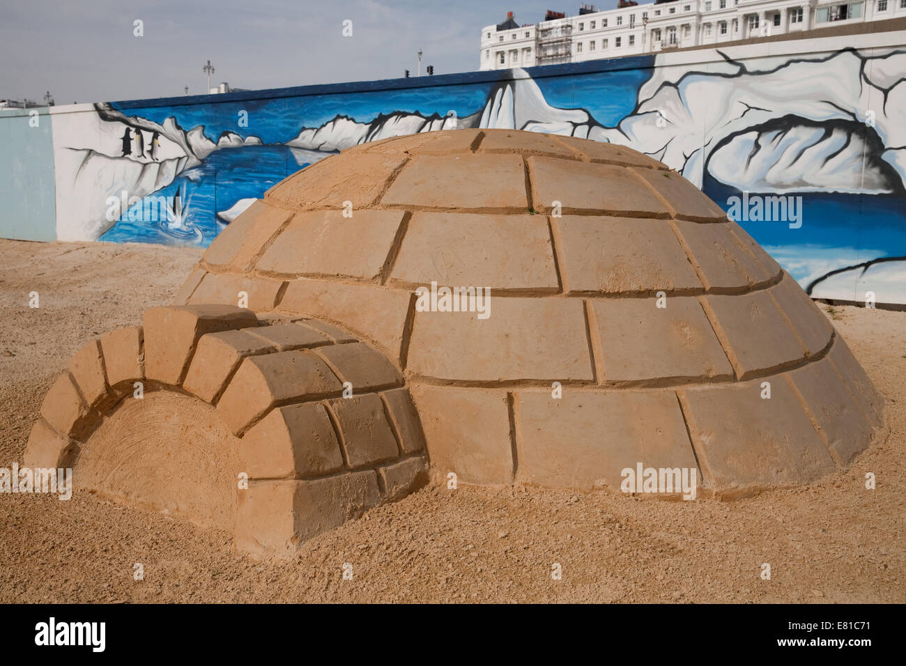 An iglu from the South Pole on display at the Sand Sculpture festival in Brighton Stock Photo