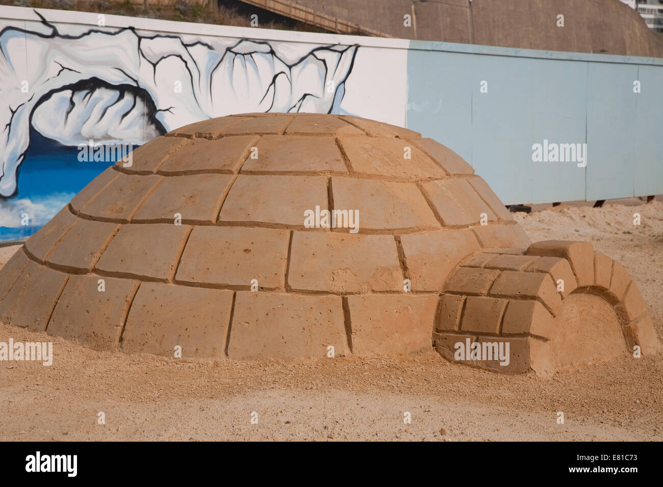 An iglu from the South Pole on display at the Sand Sculpture festival in Brighton Stock Photo