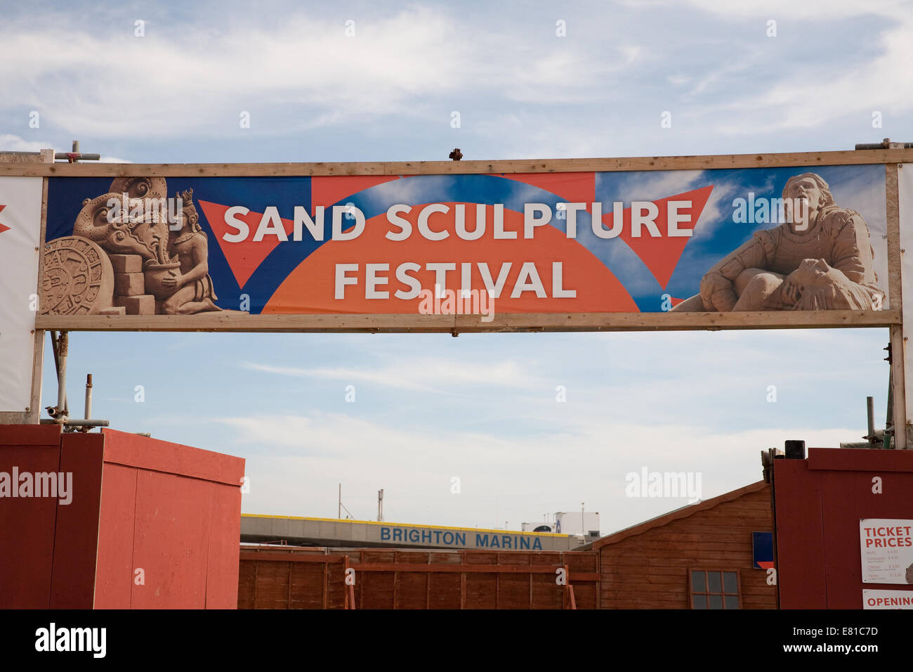 Sand Sculpture festival sign in Brighton Stock Photo