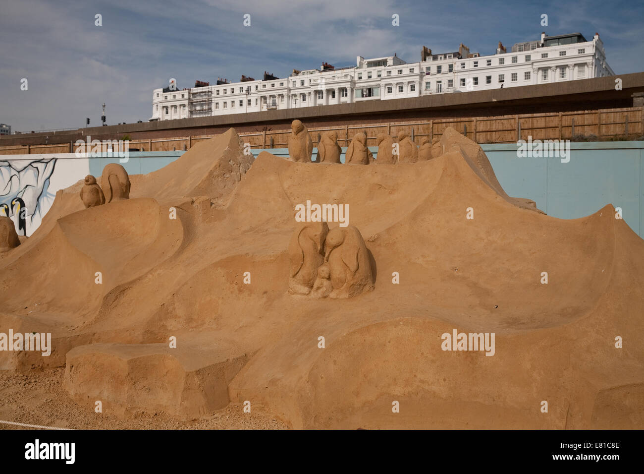 Penguins from the South Pole on display at the Sand Sculpture festival in Brighton Stock Photo