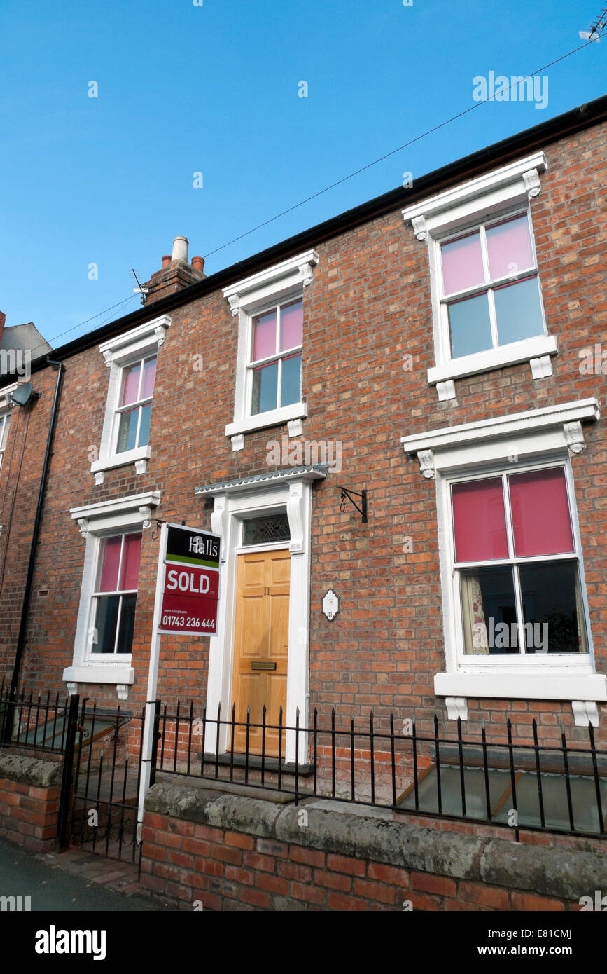 Hall's Estate Agent Sold Sign in Victoria Street Shrewsbury England, UK