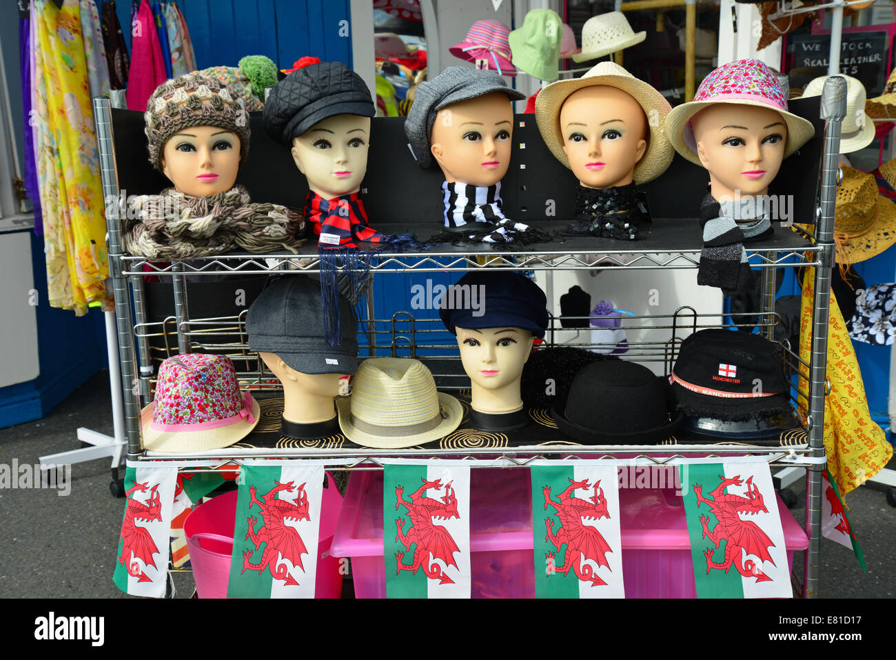 Hats for sale on Llandudno Pier, Llandudno, Conwy County Borough (Bwrdeistref Sirol Conwy), Wales, United Kingdom Stock Photo