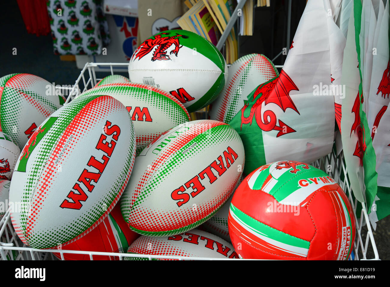 Welsh rugby balls for sale on Llandudno Pier, Llandudno, Conwy County Borough (Bwrdeistref Sirol Conwy), Wales, United Kingdom Stock Photo