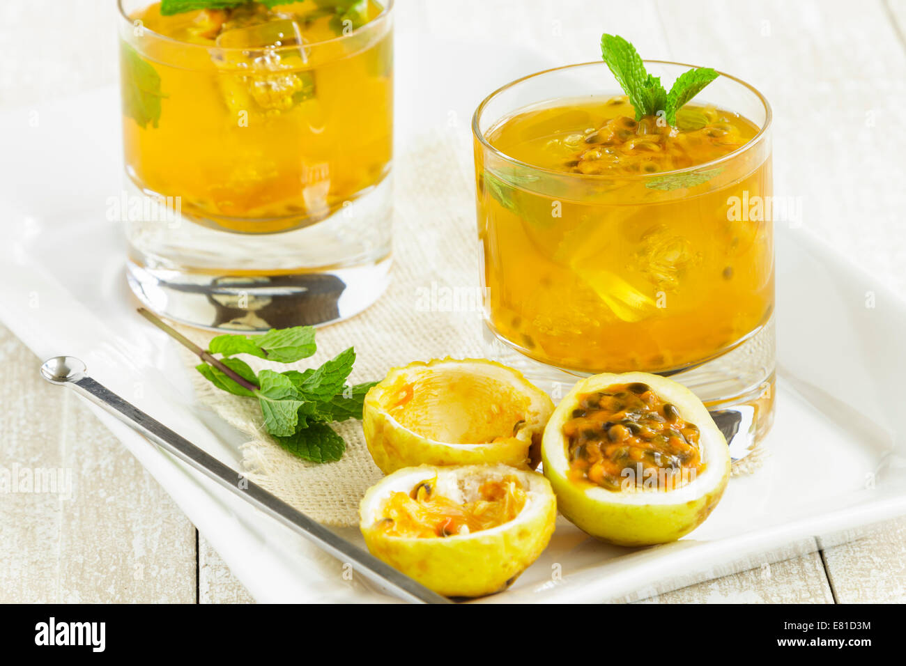 Refreshing summertime Hawaiian cooler with passion fruit juice and mint
