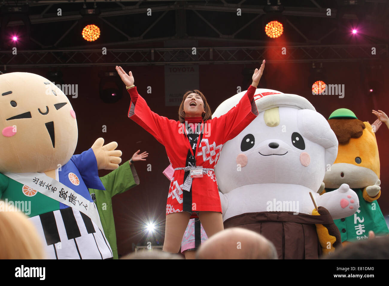 London, UK. 27 September 2014. The Yurukyara Mascot show with Naomi Suzuki on stage during Japan festival. Credit:  david mbiyu/Alamy Live News Stock Photo