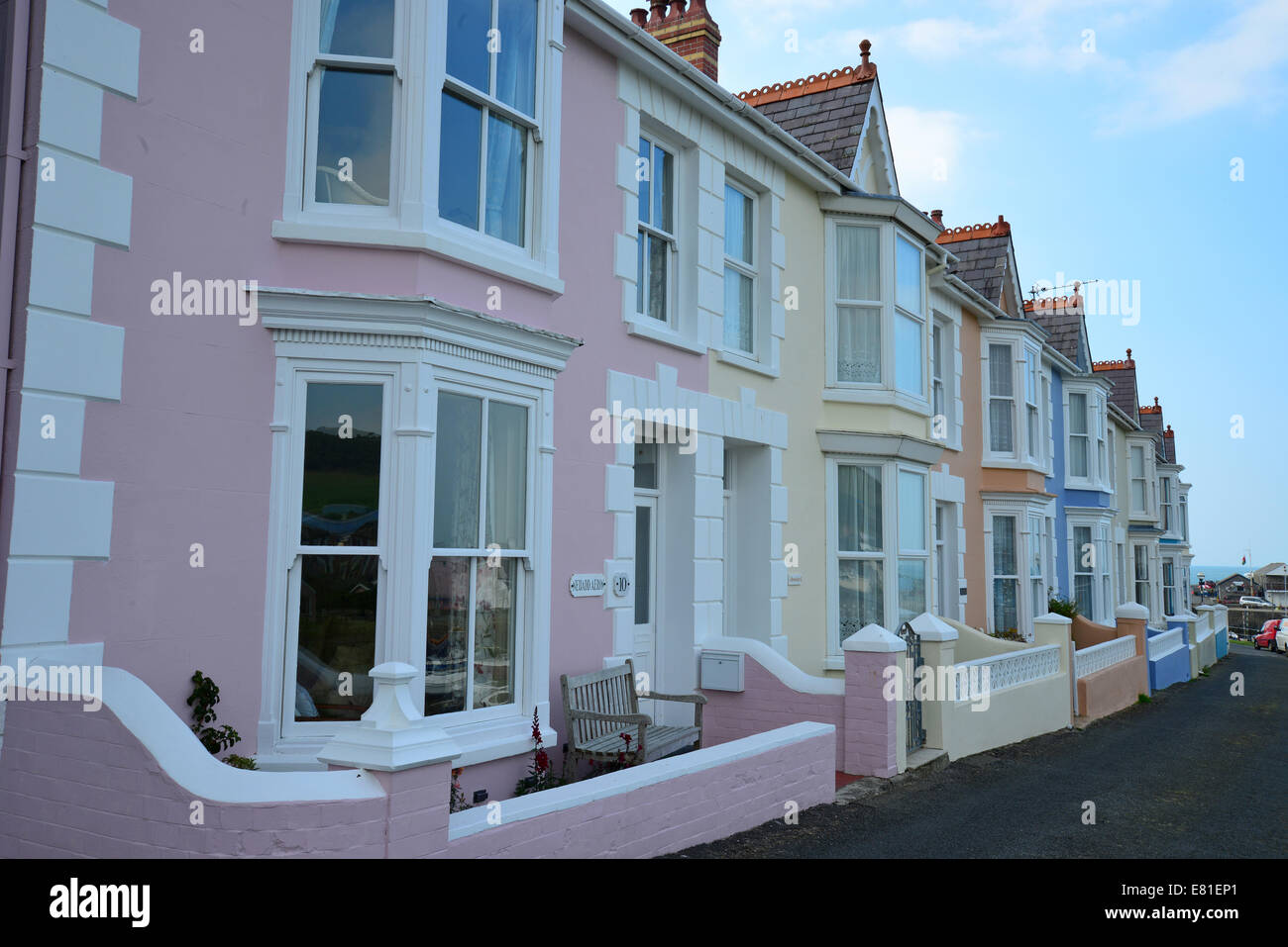 Row of terraced houses, Belle View Terrace, Aberaeron, Ceredigion, Wales, United Kingdom Stock Photo