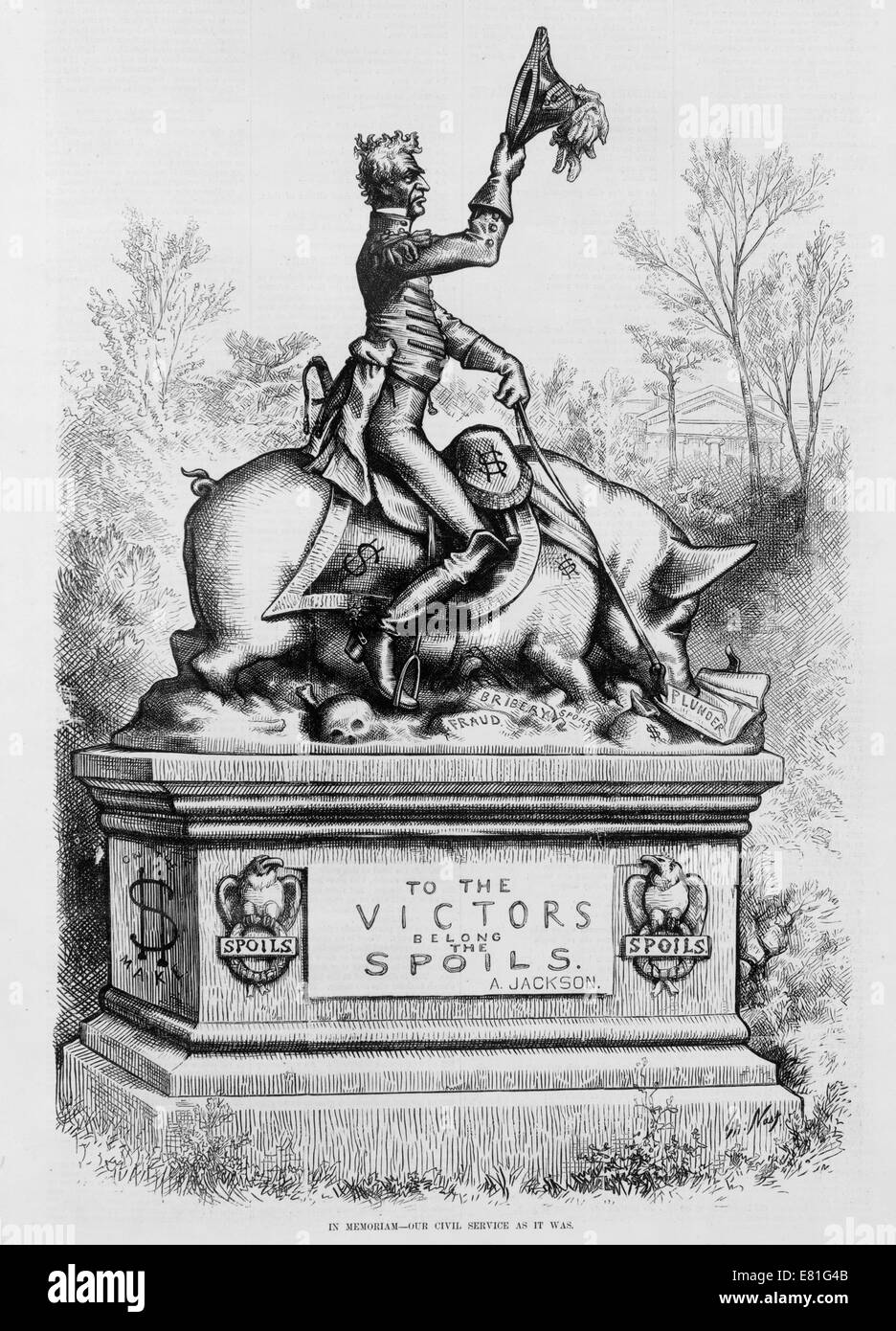 Thomas Nast (1840-1902) cartoon showing statue of Andrew Jackson sitting on hog atop tomb, 'To the victors belong the spoils' Stock Photo