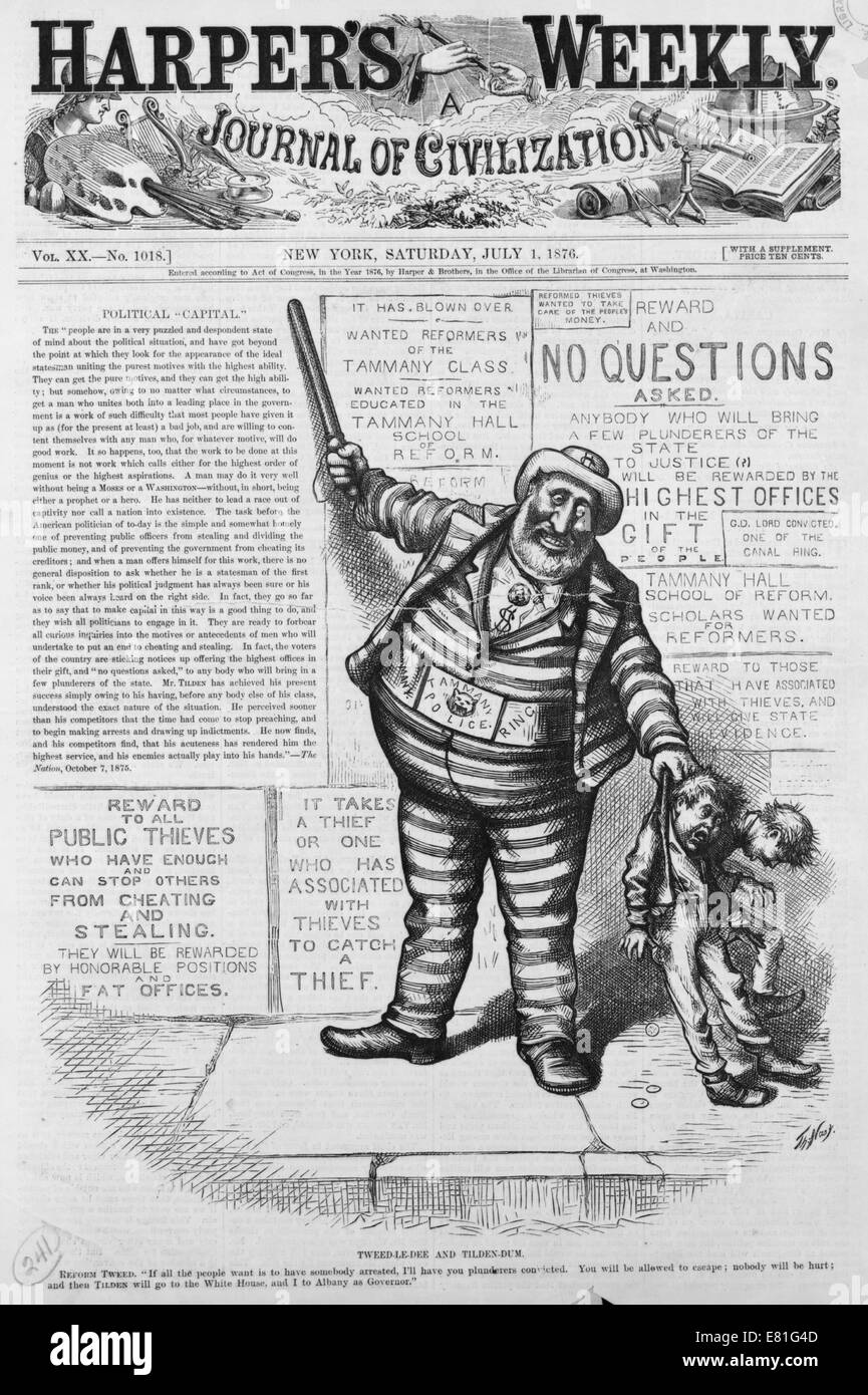 Political Cartoon featuring Boss Tweed, as policeman, wearing uniform of convict, holding two boys by the collar Stock Photo