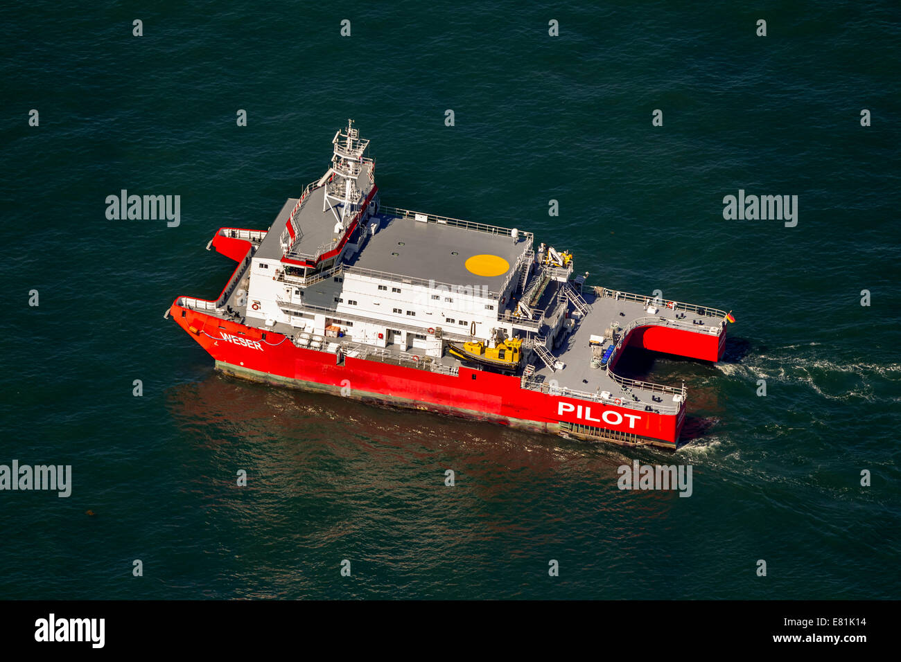 Aerial view, "Weser" pilot boat, shipping line, shipping route, at sea