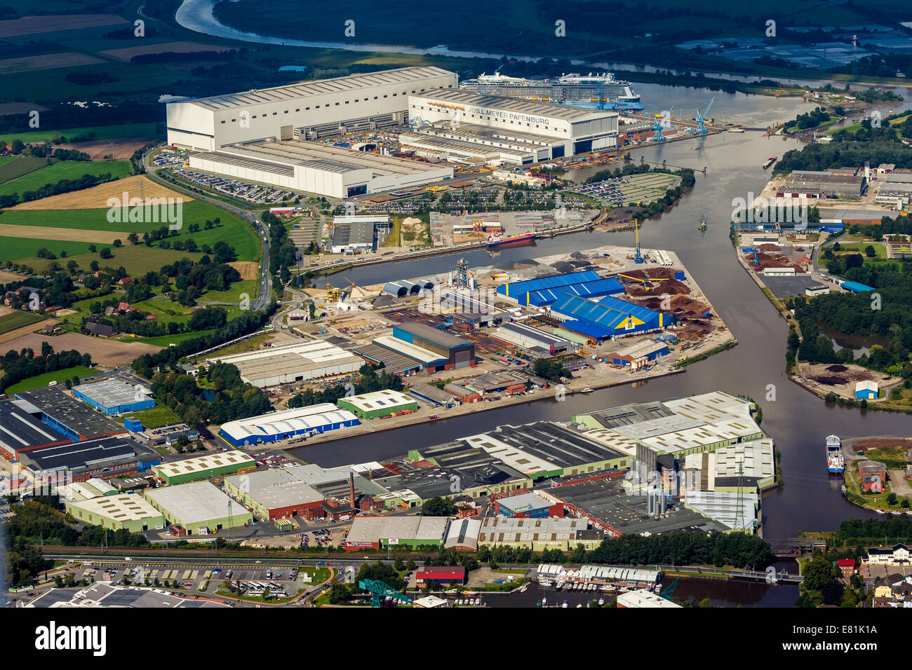Aerial view, Papenburg Emshaven port with Jos. L. Meyer Werft shipyard, Papenburg, Emsland, Lower Saxony, Germany Stock Photo