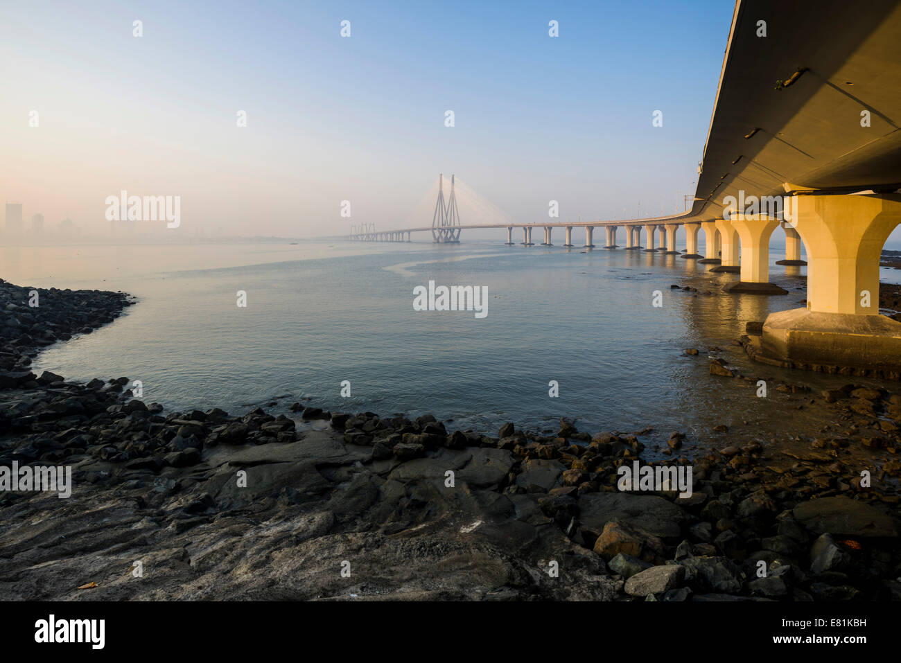 Bandra–Worli Sea Link, or Rajiv Gandhi Sea Link, Mahim Bay, Mumbai, Maharashtra, India Stock Photo